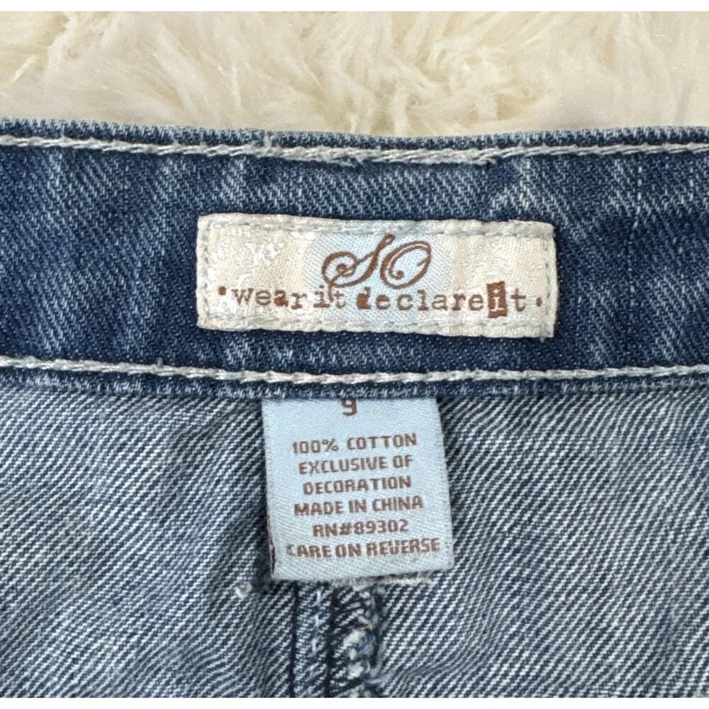 SO Denim Mini Skirt 9 (W31 Length 12.5) Blue Cotton Distressed Fray Hem Juniors